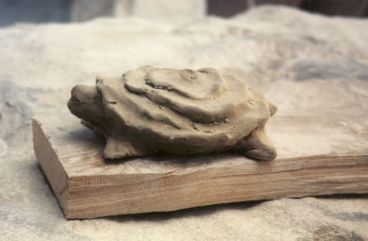 Stage 1 — the turtle roughed out from the stone block.