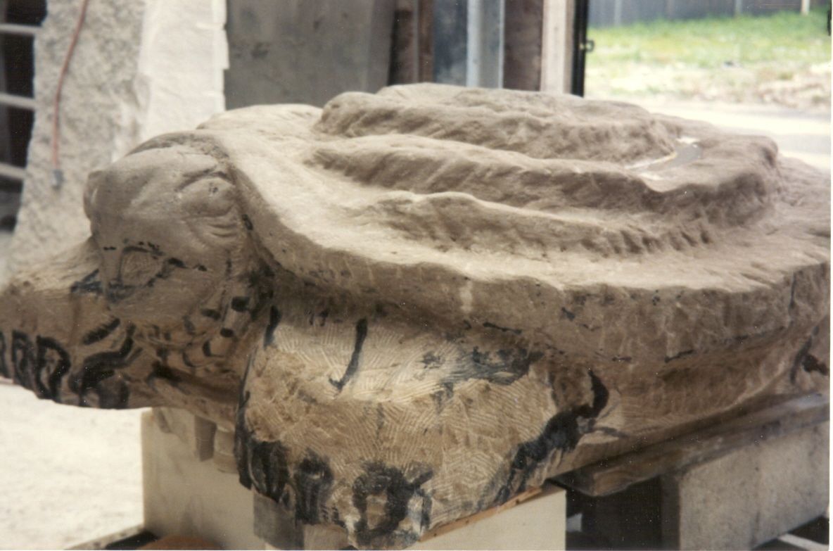 Stage 3 — the head and the stepped rings of the shell carved, with layout lines still drawn on the stone.