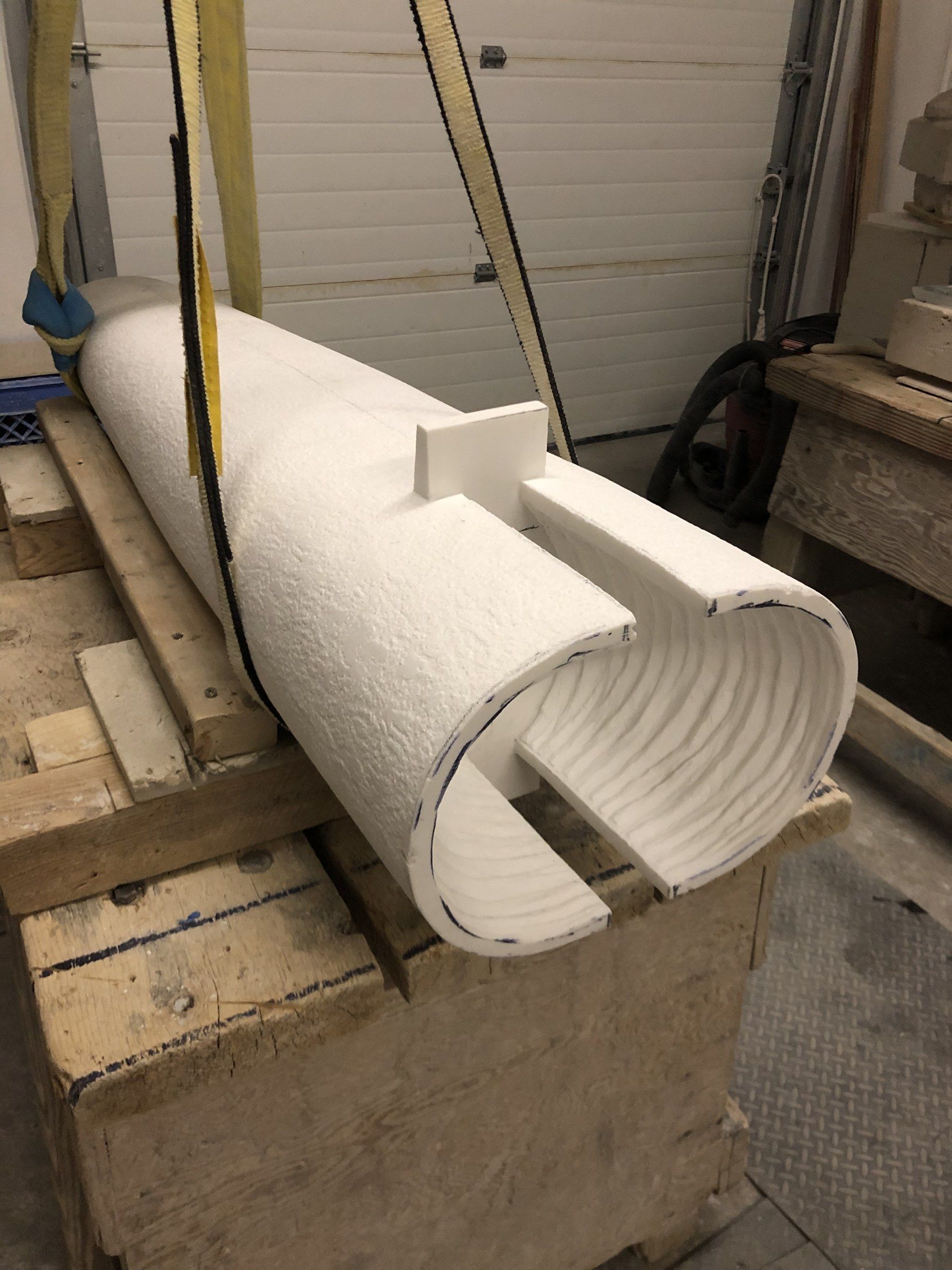 February 2025, in the studio: the cylinder roughed out, its outer surface textured, the interior partly hollowed.