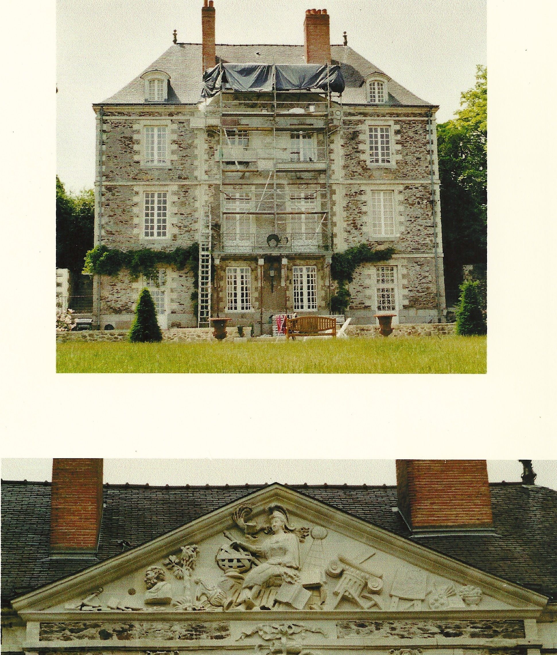 Scan of a photographic print in two views: above, the château's stone façade with tall windows and dormers, scaffolding at its center; below, the triangular pediment installed on the façade, filled with a carved relief of a seated figure among objects and scrolls.