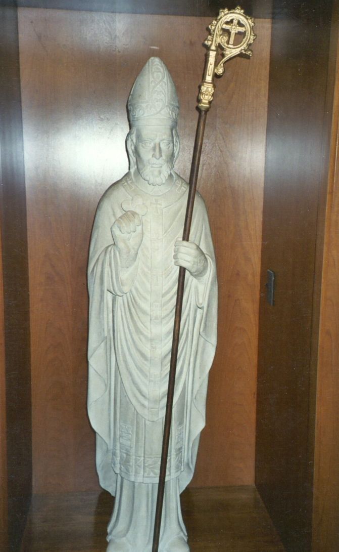 The limestone statue of Saint Patrick standing in a wood-paneled niche: a mitre, flowing vestments, the right hand raised, the left holding a tall crozier topped with a gilded, cross-bearing crook.