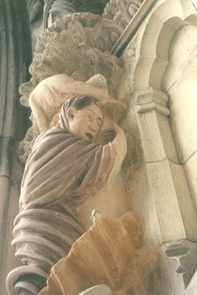 Carved limestone figure of Hagar and Ishmael for the Portal of Paradise.